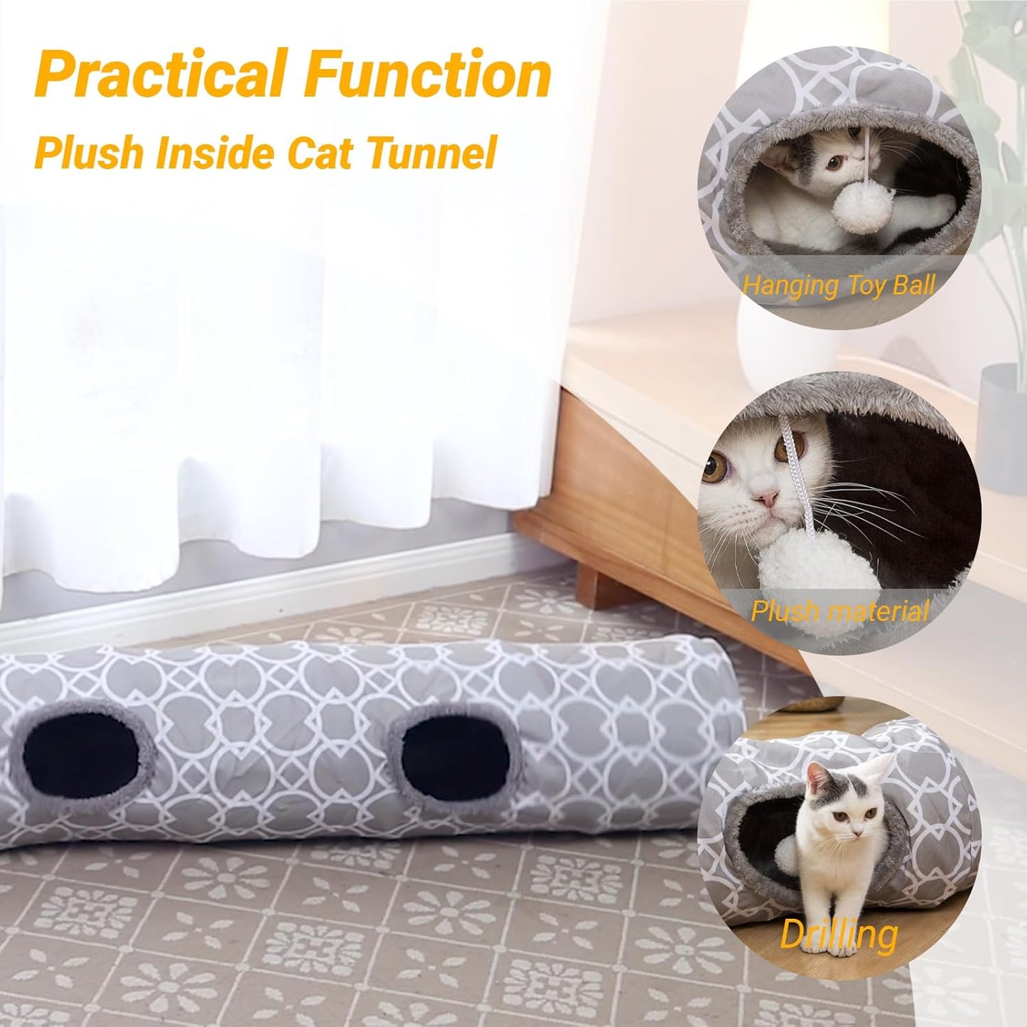 Geometric Straight Cat Tunnel with Plush Inside,Cats Toys Collapsible Tunnel Tube with Balls, for Rabbits, Kittens, Ferrets,Puppy and Dogs, Diameter 9.8 Inch
