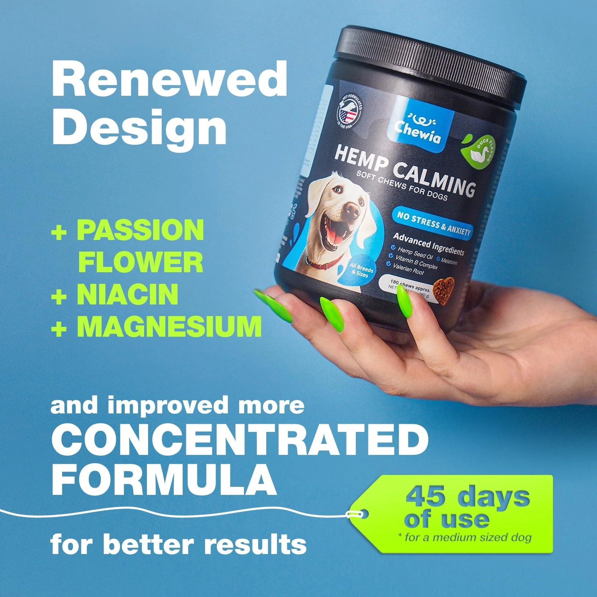 Calming Chews for Dogs Duck Flavor Canine Supplement for All Breeds and Sizes