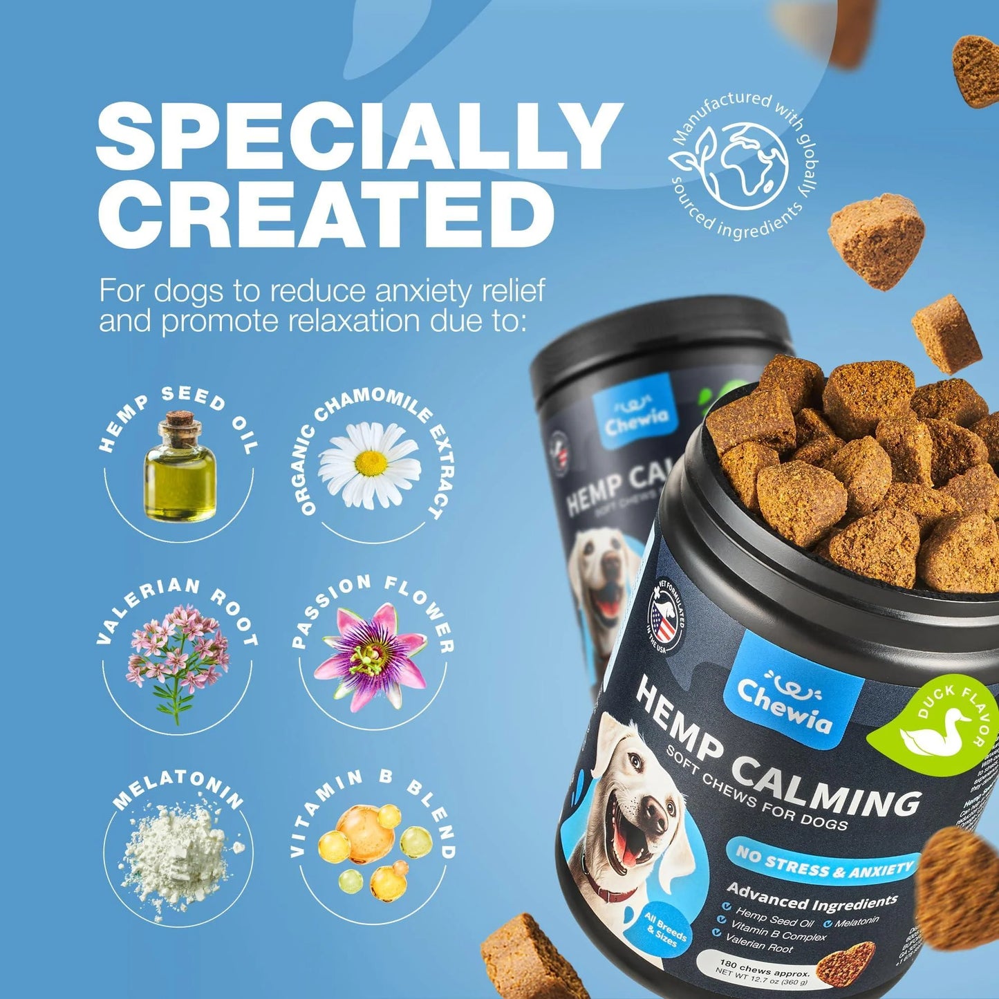 Calming Chews for Dogs Duck Flavor Canine Supplement for All Breeds and Sizes