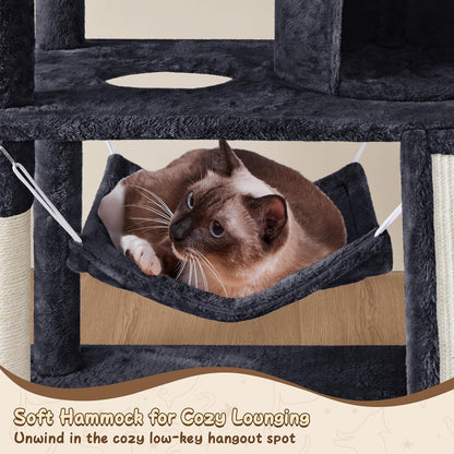 63.5In Multi-Level Cat Tree Tower Condo with Scratching Posts, Platform & Hammock, Cat Activity Center Play Furniture for Kittens, Cats & Pets